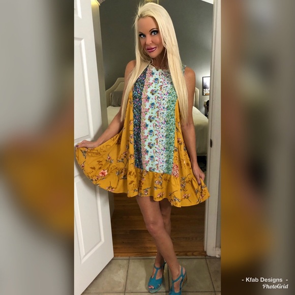 🥰Beautiful Mustard Multi Print Back Detail Dress! - Picture 4 of 8